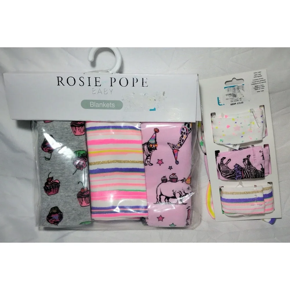 ROSIE POPE 3pc Party Animal Cupcake Swaddle Blanket Headband Lot Bow Cotton‎ NEW